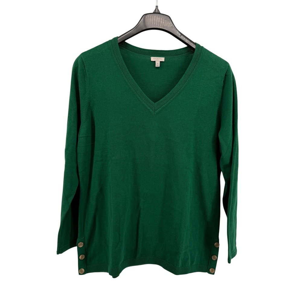 NEW Talbots Outlet Sweater Womens XL Pullover Green V-Neck Cotton Side Buttons